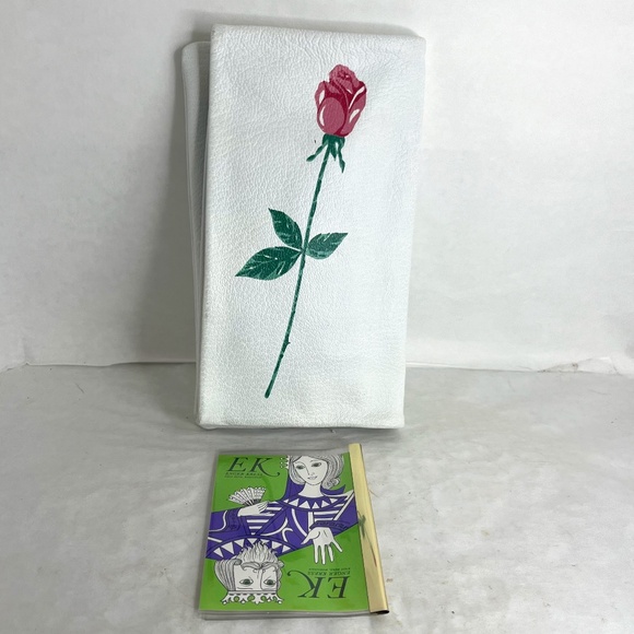 1960s Vintage EK Grab Large Leather Envelope Clutch Handpainted Rose - Picture 1 of 11